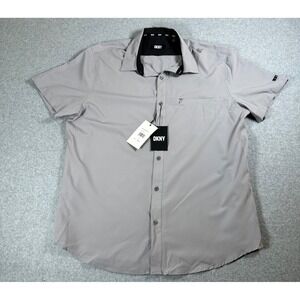 NWT DKNY Gray Button Down Shirt outdoors Short Sleeve Pocket Detail Size L‎